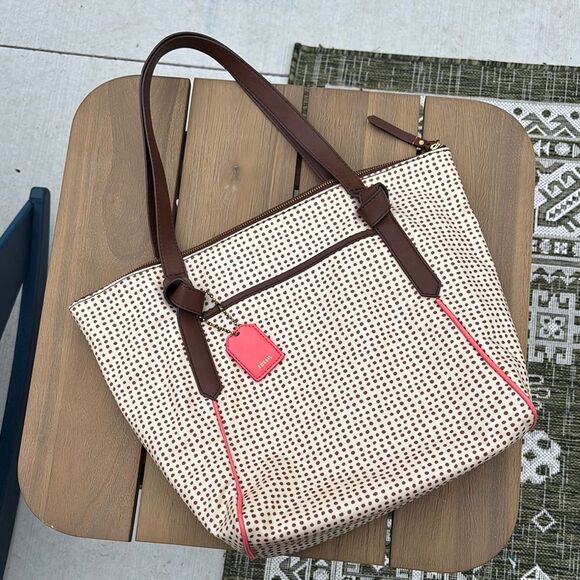 Fossil Women’s nylon Stylish Cream and Brown polka dot Tote shoulder bag GUC - Picture 1 of 10